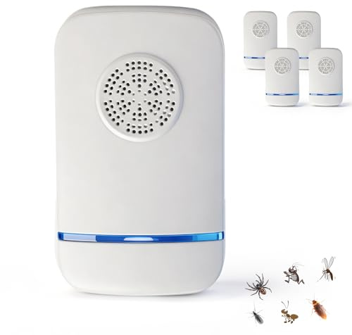 Repellente per insetti a ultrasuoni, confezione da 4. Utilizza un effetto repellente fisico a ultrasuoni. Sicuro al 100% per animali domestici e persone. Respinge scarafaggi, mosche e zanzare.