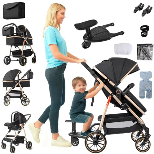 NADDLILY Barnvagn 3-i-1, buggy med vändbar tvåvägs dragkraft, barnvagn med vikbar bärbar enklickdesign, barnvagn 3-i-1 komplett set med tillbehör högt landskap (FV8 svart guld)
