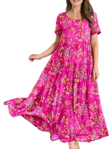 YESNO Women Dresses Casual Plus Size Bohemian Short Sleeve Floral Long Maxi Summer Beach Swing Dress/Pockets S EJFUK CR.26