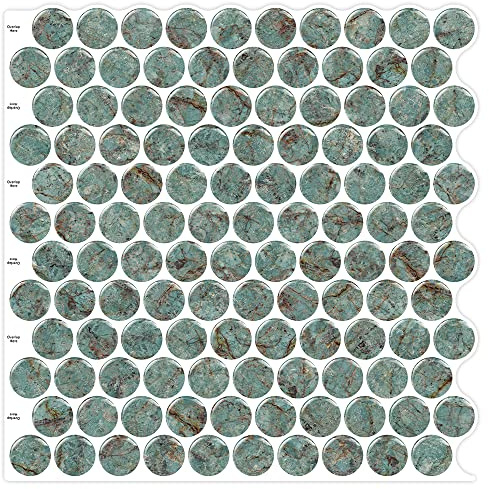 Artemuro 10-Sheets Premium Luxury Teal Green Marble Peel and Stick Backsplash Tile, 12×12 Inches Penny Round 3D Mosaic Decor Wall Tiles, Sticker on Backsplashes for Kitchen, Bathroom, Laundry Room