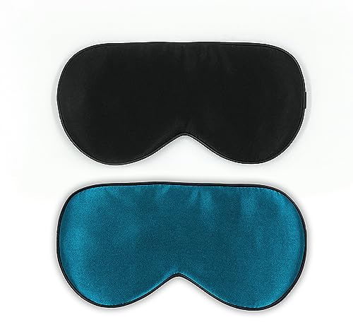 townssilk 2 pcs 100% Silk Sleep mask with Adjustable Strap,Comfortable and Super Soft Eye mask Including 1 pc Balck and 1 pc peacockblue