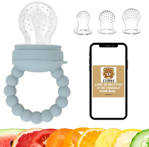 STONNY | Fruchtsauger baby | Integrierter Beißring | 3 Sauger in 3 Größen [3-34 Monate] | BPA-frei | Baby Fruchtsauger| Baby Zubehör | Baby Erstausstattung | Gratis E-Book | FruchtSauger