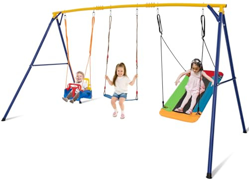 Costzon 660 lbs Swing Sets for Backyard, 3-in-1 Heavy Duty Extra Large Metal Frame with Platform Swing, Belt Swing, Baby Swing, Indoor Outdoor Playground Playset, Swing Set for Kids Toddlers