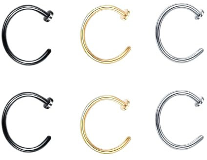 6 Stück Nasenpiercing Ring,Fake Piercing Ring,Nasenring Fakes,Septum Lippenpiercing Piercings Set,Nasen Nasenpircing,No Nadel Ohrring,Chirurgenstahl für Nostril,Brüste,Ohr Lippe(Gold Silber Schwarz)