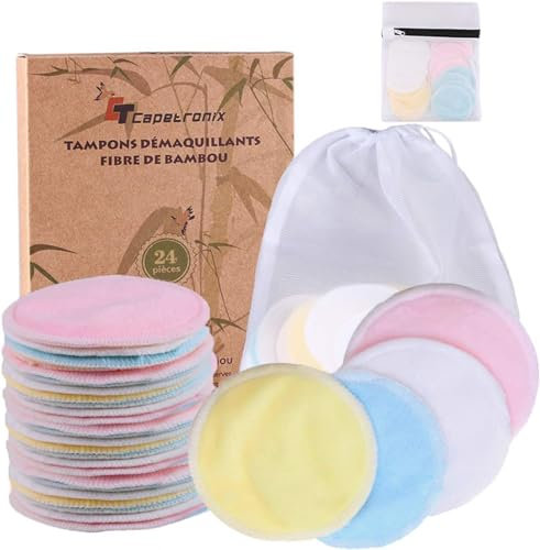 Reusable Makeup Remover Pads (24 Pack) With 2 Bags for Laundry & Storage, Bamboo Cotton Rounds, Eco-Friendly Cotton Pads for All Skin Types