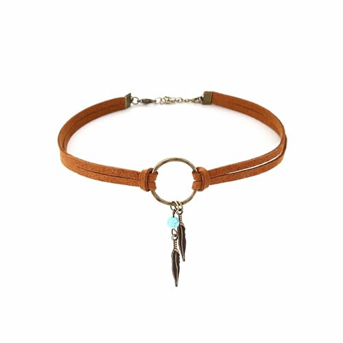 Faruodis Collier ras du cou en cuir avec plumes de style bohème - Collier en turquoise avec perles et feuilles - Collier ras du cou avec franges pour femmes, 15.5 inches, Simili cuir Métal