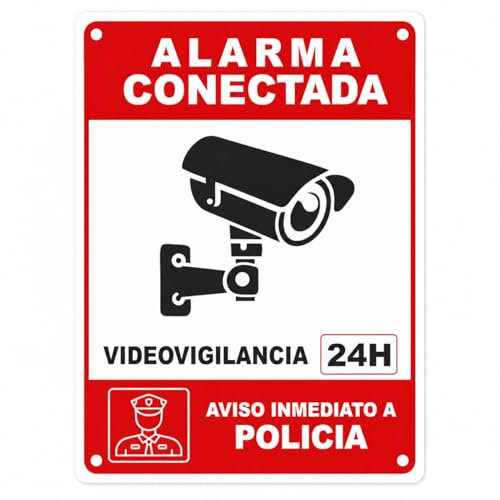 Cartel Alarma Conectada Videovigilancia 24H – Aviso Inmediato a Policía – Placa Seguridad CCTV Alupanel 3mm para Interior y Exterior – Resistente UV y Agua – Señal Disuasoria Roja 20x15 cm