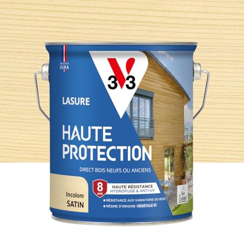 V33 Lasure Bois extérieur Incolore satin - Haute Protection 8 ans - Haute résistance hydrofuge et anti-UV - Résiste aux variations du bois - Ecolabel, résine d'origine végétale - 2,5L