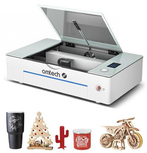 OMTech Polar+ 55W Grabador Láser, Máquina de Grabado Láser CO2 de 510×300 mm con 2 Ejes Rotativos, Enfoque Automático, Cámara de 5 MP, Enfriador de Agua para Madera, Acrílico, Vidrio y Más