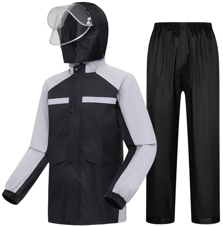 LY4U Chaquetas Impermeables para Hombre, Traje de lluvia Ligero con Capucha, Traje Impermeable de Moto, Chaqueta y Pantalones Impermeables para Pesca, Senderismo, Ciclismo, Gris M
