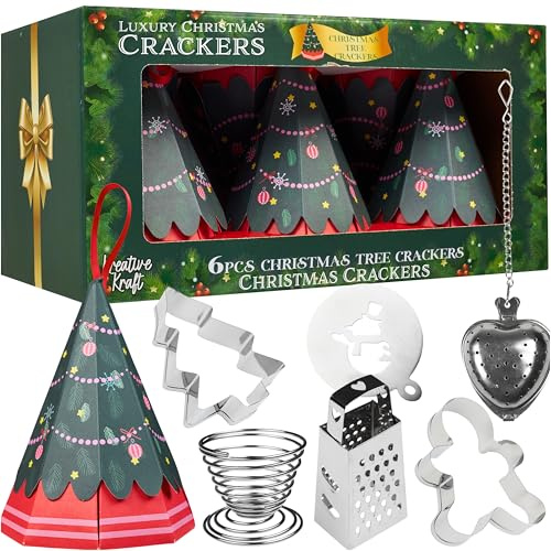 KreativeKraft Christmas Crackers con Sorpresa, Pacco da 6, A Forma di Albero con Tagliabiscotti, Colino da tè e Altro all'Interno (Verde Albero)