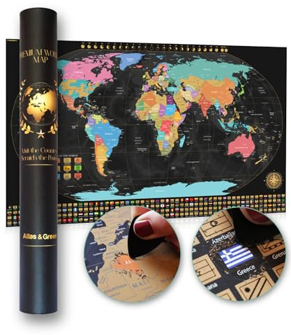 Atlas & Green Carte du monde à gratter avec tous les États américains et drapeaux du monde Grand format 71,1 x 41,9 cm Carte du monde à gratter avec accessoires et tube cadeau Prime
