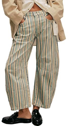 loveimgs Women Boyfriend Baggy Barrel Jeans Floral Print Denim Ankle Pants Wide Leg Mid Rise Jeans Sweatpants Y2k Patchwork, Stripe, Large
