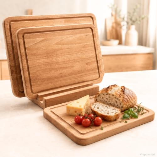 Uppsättning av 3 skärbrädor, tillverkade i EU, med stativ i bok av högsta kvalitet, storlek 27/30/40 cm, köksbräda set för kött, bröd, grönsaker, naturliga träskivor, arbetsbrädor, skärbrädor
