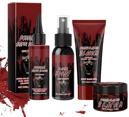 Clawrex Fake Splatter Blod, 4 st Halloween set med konstblod, konstblod S-pray+ flytande konstblod, konstblod, smink för hud