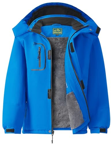 GQDSZ Boy's Waterproof Ski Jacket, Warm Fleece Lined Winter Snow Windproof Jackets, Hooded Ski Coat, Light Blue, 6-7