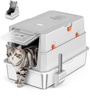 Arenero Gato Acero Inoxidable, Areneros Gatos Cubierto Grandes XXL con Pala, Caja de Arenero Cerrada para Gato, WC Gatos con Tapa Abatible, Fácil de Limpiar la Arena, Sin Olores y Fácil de Limpiar