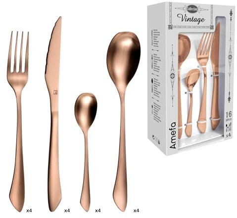 Amefa INSTINCT Besteck Set 4 Personen | 16-teilig | PVD Besteck Kupfer-farben im Vintage Style | Besteckset 4 Personen Edelstahl 18/0 matt | je 4x Tischgabel, Tafelmesser, Tischlöffel & Teelöffel