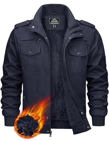 KEFITEVD Fliegerjacke Herren Winterjacke Gefüttert Jacke Hersbt Winter Übergang Fleecefutter Cargo Arbeitsjacke Wandern Angeln Outdoorjacke Männer Dunkelblau S