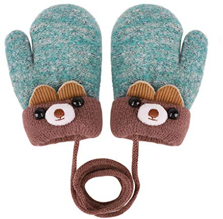 IPENNY Kids Baby Toddlers Cute Bear Winter Mittens Thick Fleece Lined Knit Gloves with Neck Hang String Full Finger Warm Ski Gloves Cold Weather Outdoor Hand Warmer Wear for Kids Ages 0 to 3