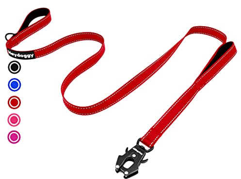 Strong Heavy Duty Dog Lead - 6ft Reflective Nylon Dog Training Leads with Padded Double Handle & Auto Lock Frog Clip, Safety Traffic Dog Leash for Large Medium Small Dogs Anti Pull Walking Running Red