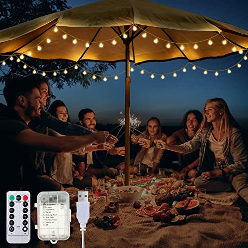 1 Pack 32 Feet Patio Umbrella Lights, 8 Lighting Modes LED String Lights with 64 Pcs Shatterproof Globe, Remote Control Battery & USB Powered, Waterproof Hanging Light Decorate for Patio