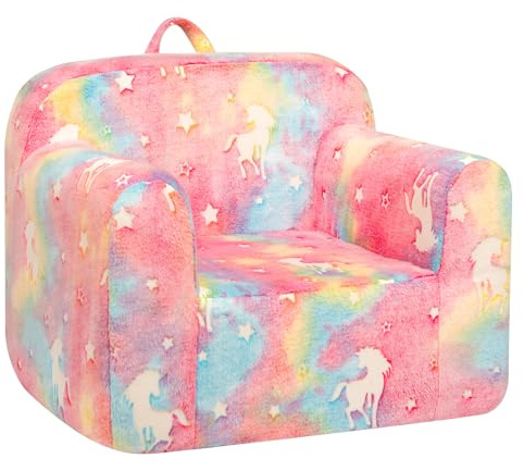 BEJOY Divano per Bambini Ultra-Soffice Imbottito in Schiuma, Poltrona Singola in Morbido Flanella per Lettura per Ragazzi e Ragazze, Candy Floss con Unicorni