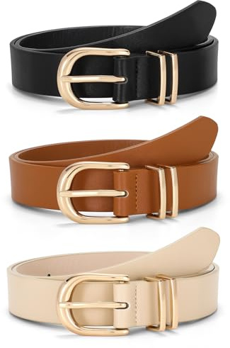 JASGOOD 3 Pack Women Belts For Jeans Dresses Pants Ladies Faux Leather Waist Belt with Gold Buckle(Black+Brown+Beige Gold Buckle)