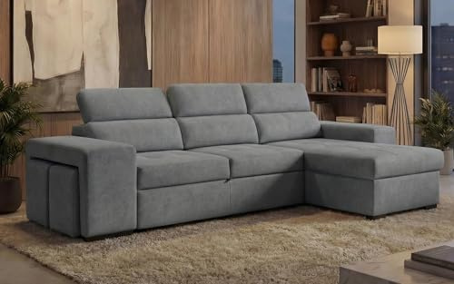 BUDWING John Divano Letto Angolare 4 Posti – Chaise Longue Reversibile, Poggiatesta Regolabili e 2 Pouf – Rivestito in Poliestere – Stile Moderno – 263x161x96 cm – Grigio Chiaro
