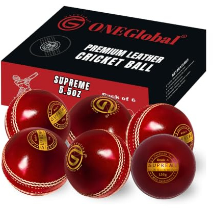 ONEGlobal Supreme - Pelota de críquet de piel auténtica | Pelota de cuero con costura cosida a mano | Pelotas duras de calidad a juego para partidos de clubes y ligas (5.5 onzas, 6 rojos)