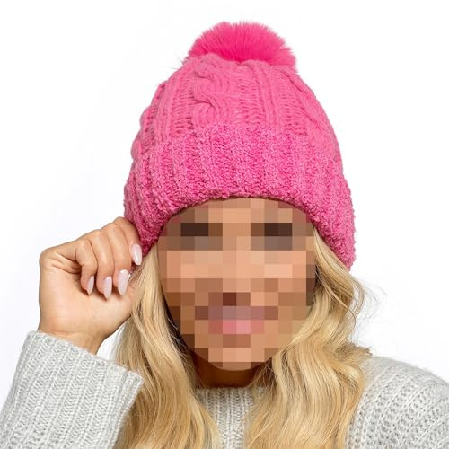 A2Z Ladies Hats Cable Chunky Bobble Knitted Faux Fur Pom Pom - Hat KH1003 Pink One Size