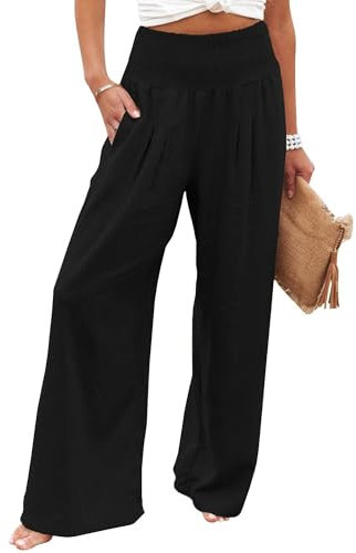 Imuedaen Leinenhose Damen Sommer Hose Casual Leinen Leicht Hosen Weites Bein Palazzo Freizeithose Hohe Taille Einfarbig Sommerhose Stoffhose mit Taschen (Schwarz, M)