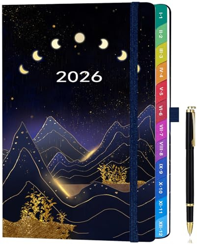 Agenda 2026 Vista Semanal A5 Hardcover (Enero - Diciembre 2026) – Planificador Semanal Y Mensual, Calendarios Mensuales A Color, Página A Color, Con Bolígrafo Y Bolsillo Interior - Cielo estrellado