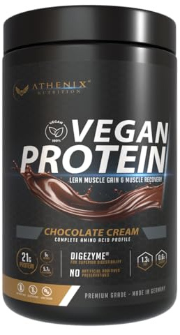 Athenix® Premium Vegan Protein Powder | Chocolate Cream | 21g Protein + BCAAs & Glutamine | Low Sugar | Enhanced with DigeZyme® for Digestion | 100% Plant-Based | Made in Germany | 500g