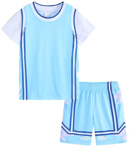 LUCKYLUAN Girls Basketball Jersey Shirt and Shorts Sports Uniform Set Sportwear Light Blue 7-8 Years