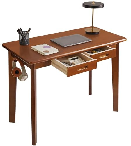 Aibiju Schreibtisch aus Massivholz, Kleiner Bürotisch mit Schubladen, 100 x 50 x 75 cm, Computertisch mit Stauraum und Kleiderstange für das Home Office, Rustikales Braun YD-WD01H