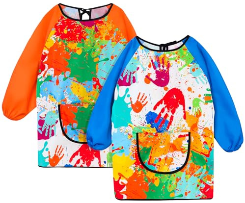 Halinuia Kinder Malschürze, 2 Stück Wasserfester Malkittel für Kinder 3-8 Jahre, Lange Ärmel mit Taschen für Schulaktivitäten Malen Kochen Ausmalen