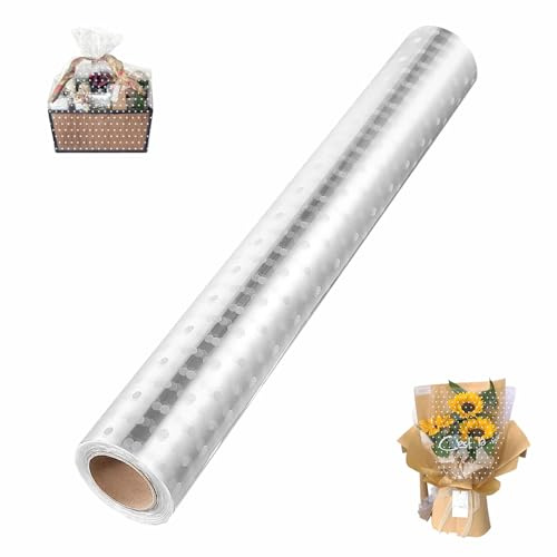 Cellophane Trasparente Rotolo Puntini Bianchi 40CM x 30M Rotolo di Cellophane Carta con Punto Bianco Involucro di Cellophane per Fiori Regali Cesti Imballaggi Artistici