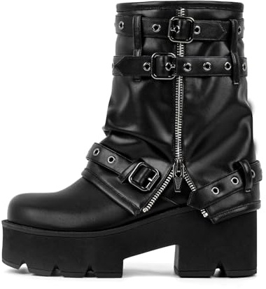 Only maker Women’s Platform Ankle Boots – Punk Block Heel Booties with Fold-Over Design, Straps Buckles Grommet Zipper Detail Black Size 12
