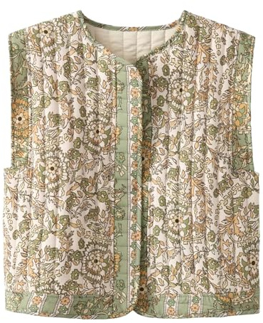 Generisch Gilet en duvet pour femme - Motif floral - Court - Léger - Sans manches - Manteau rembourré - Élégante veste de loisirs - Activités de plein air, vert, S