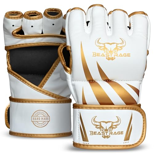 BEAST RAGE-Guanti da MMA realizzati a mano,di alta qualità,durevoli,con palmo aperto,per BJJ,UFC, Sparring e kickboxing,forte supporto per il polso (Bianco/Oro, L/XL)