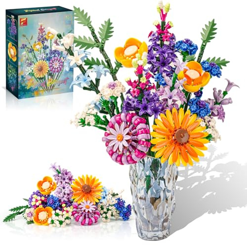 Klemmbausteine Blumen, 16 Wildblumen Set Blumenstrauß Bausteine 1183 Stück, Dekorative Flower Dahlien, Kornblumen, Lavendel und Gerbera, Geschenk für Muttertagsgeschenk Frauen Kinder Erwachsene