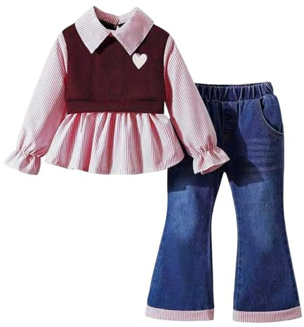 Generico Completo Bambina 2 Pezzi Primavera Autunno, Camicetta a Righe con Gilet Cuore e Jeans a Zampa, Stile Preppy