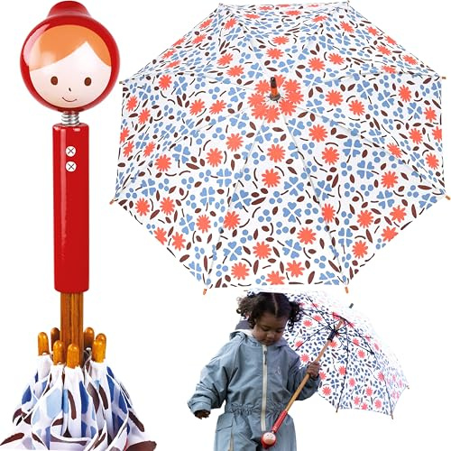 Vilac Barnparaply, anti-nyp fingersystem, kolribbor, solida resistenta lackerade trähandtag, tillverkat i Jura Frankrike, designat av Shinzi Katoh, 3 år +, 70 cm, röd huva, blommor, kronblad