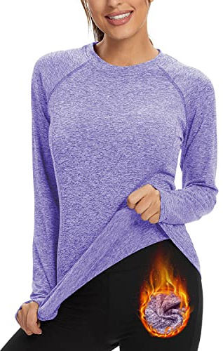 Soneven T-Shirt Thermique à Manches Longues pour Femme - Pull Fonctionnel pour l'hiver - en Polaire - Manches Longues - Haut Base Layer de Sport Top de Course Fitness Violet Clair XXL