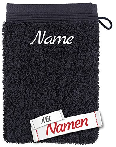 möve Superwuschel Waschhandschuh mit Namen Bestickt, Dark Grey Dunkelgrau Baumwolle Frottee, Waschlappen besticken Lassen, Waschtuch personalisiert