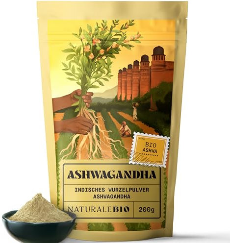 NaturaleBio Ashwagandha Biologica in Polvere 200g. Ginseng Indiano. 100% Naturale e Pura, Prodotto in India dalla Radice di Withania somnifera Bio