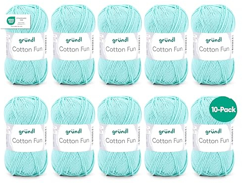 Gründl Laine Cotton Fun - laine pour crocheter - fil à tricoter - facile d’entretien et agréable pour la peau - 100% coton - 10 pelotes 50 g / 115 m - taille d’aiguille 3-4 - menthe