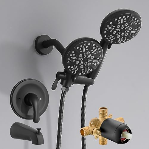 FROPO Black Shower Faucet Set with Tub Spout - Tub and Shower Faucet Combo| Dual 2 in 1 Shower System with Handheld Showerhead 3-way Water Diverter Shower Trim Kit(Pressure Balancing Valve Included)
