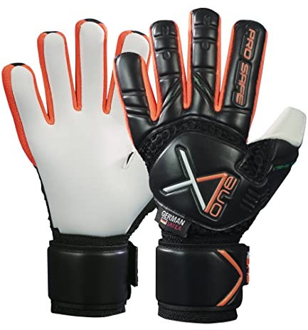 x one Profi Torwarthandschuhe Kinder schwarz orange - Größe 6 - inkl. praktischer Tragetasche - Premium Fussball Tormannhandschuhe für jedes Wetter - extra starker Grip + doppeltes Verschlussband